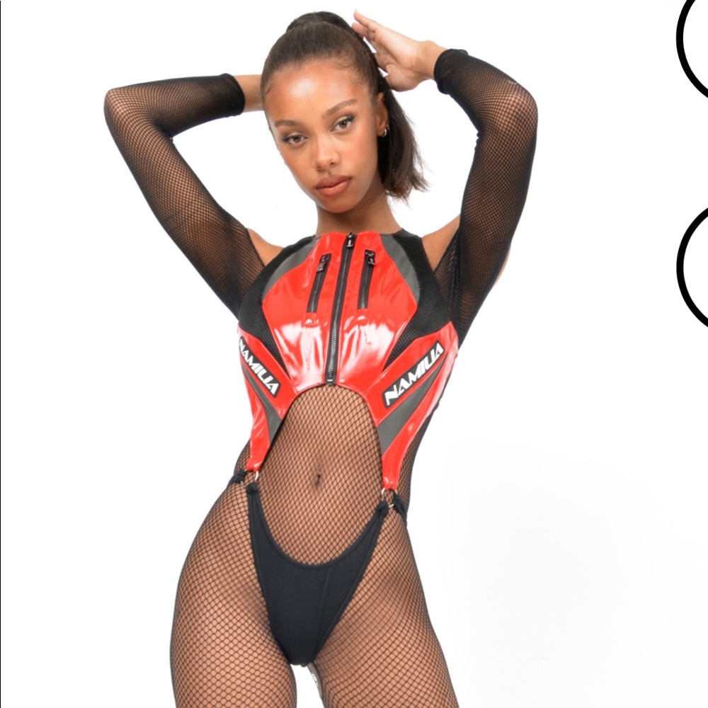 Namilia Red Patent Sneaker Moto Bodysuit